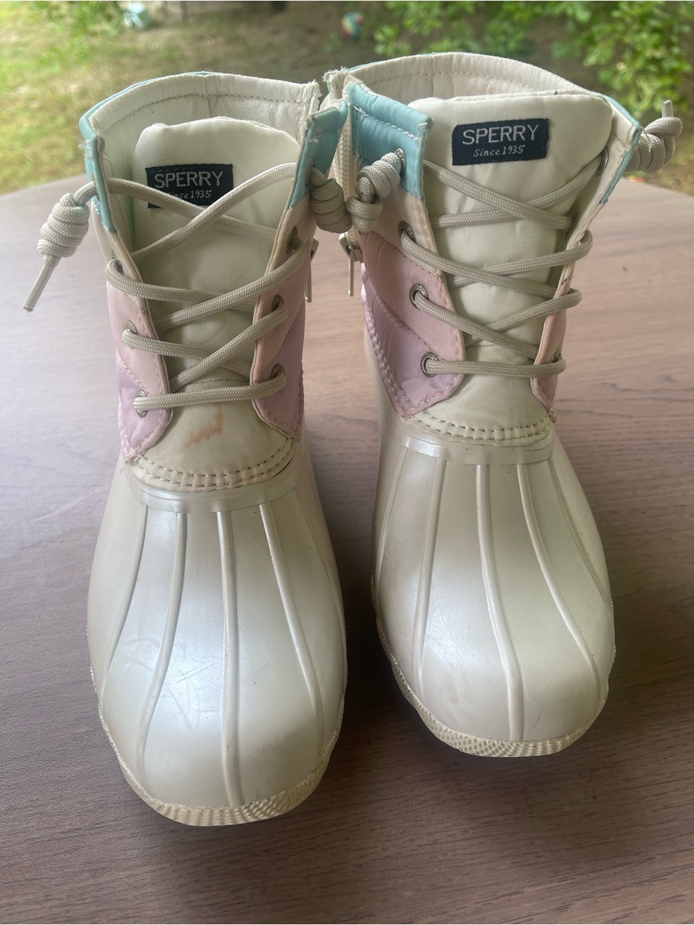 Sperry Kids Cream Duck Boots with Pink & Light Blue Trim